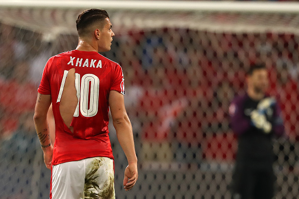 Granit Xhaka's shirt gets ripped during the France game | Photo: Matthew Ashton/AMA/Getty Images