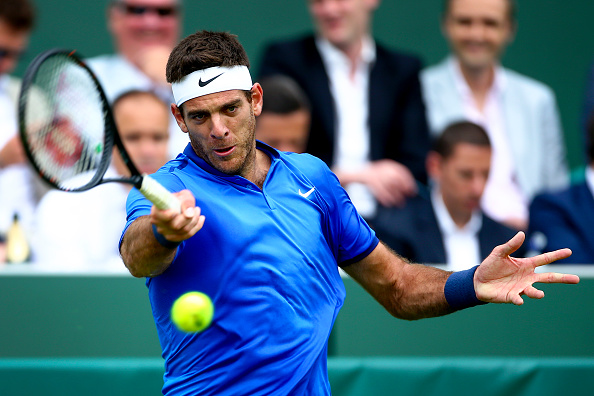 Juan Martin del Potro hits a forehand at The Boodles in Stoke Park in London/Getty Images