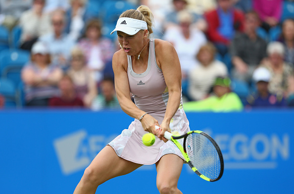 Caroline Wozniacki hits a backhand at the Aegon International in Eastbourne/Getty Images