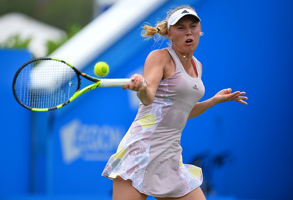 Caroline Wozniacki hits a forehand at the Aegon International in Eastbourne/Getty Images