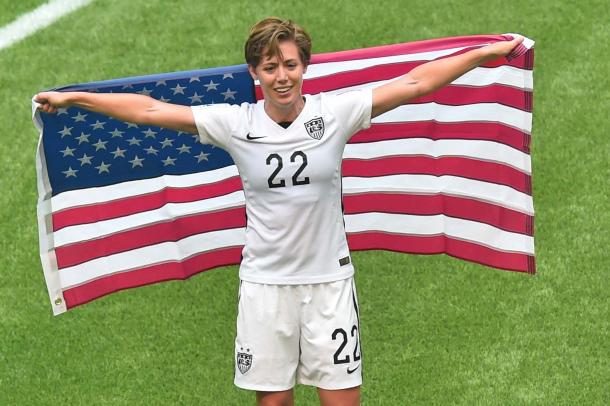 Meghan Klingenberg celebrating her country's World Cup victory this summer. (Post-Gazette)