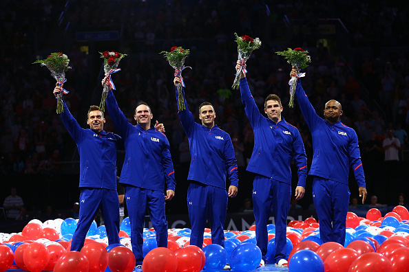 Sam Mikulak, Alex Naddour, Jake Dalton, Chris Brooks, and John Orozco after being announced as the U.S. Men's Gymnastics Olympic Team/Getty Images