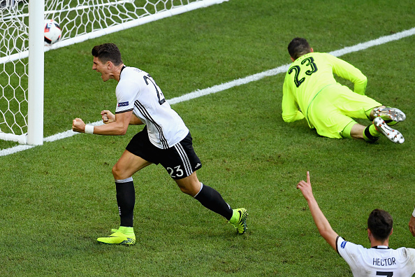 Mario Gomez celebrates after slotting home Germany's second. (Photo: Matthias Hangst/Getty Images)