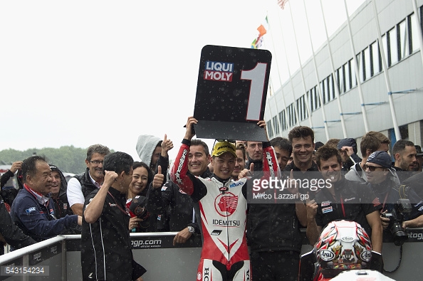 Nakagami in Parc Ferme with Idemistu Team Honda crew celebrating winning the wet Assen Moto2 - Getty Images