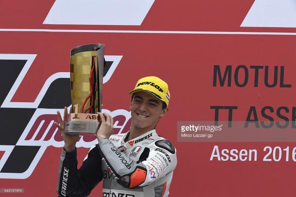 Bagnaia celebrates his and Mahindra's first ever win at Assen GP - Getty Images