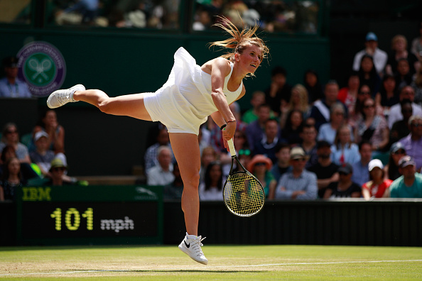 Annika Beck serves during her third round match against Serena Williams on Middle Sunday of the Wimbledon Lawn Tennis Championships. (Photo by Adam Pretty/Getty Images)