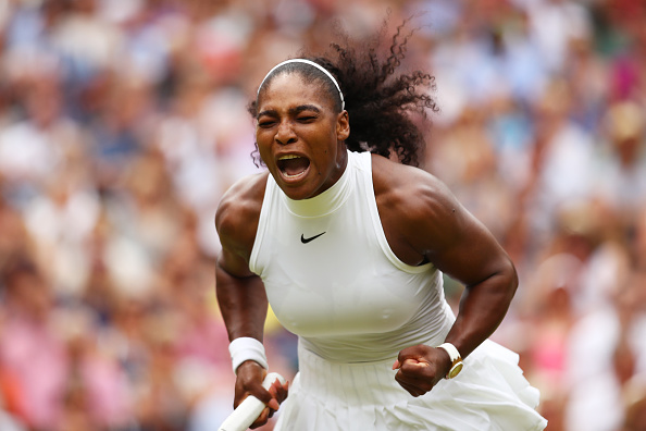 Serena celebrates exhuberantly after breaking Kerber at 6-5, to take the opener (photo:getty)