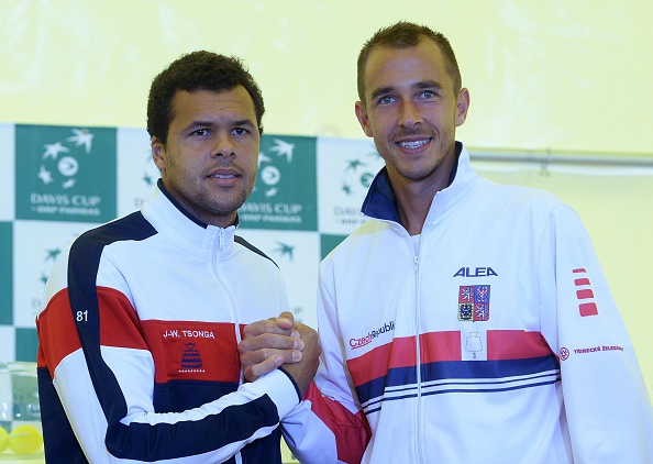 Jo-Wilfried Tsonga and Lukas Rosol shake hands ahead of the first Davis Cup rubber match (Photo: AFP)