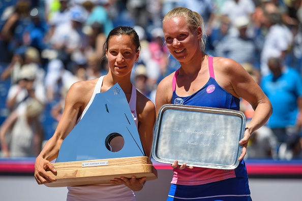 Golubic and Bertens (right) pose with their silverware after the trophy presentation ceremony. Photo credit: Fabrice Coffrini/Getty Images. 