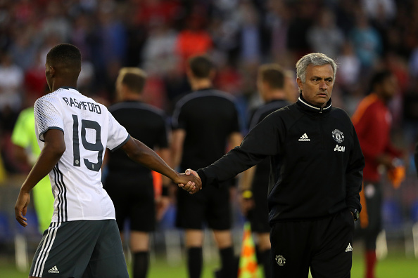 Above: Marcus Rashford with manager Jose Mourinho after Manchester United's 5-2 friendly win over Galatasaray | Photo: Getty Images