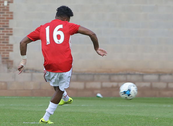 Demetri Mitchell in action for Manchester United U21's after scoring their winner against Leicester City | Photo; Getty Images