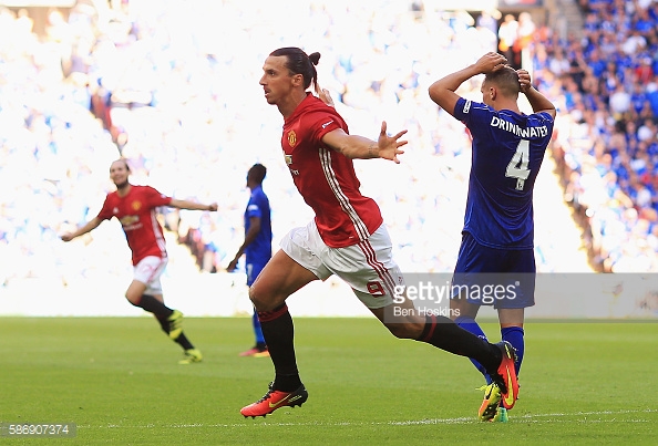 Ibrahimovic celebrates scoring the winner against the Foxes in the Community Shield back in August | Photo: