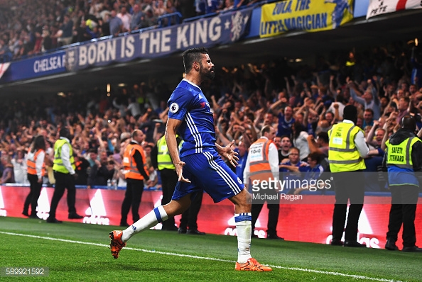 Above: Diego Costa celebrating his goal in Chelsea's 2-1 victory over West Ham | Photo: Getty Images 