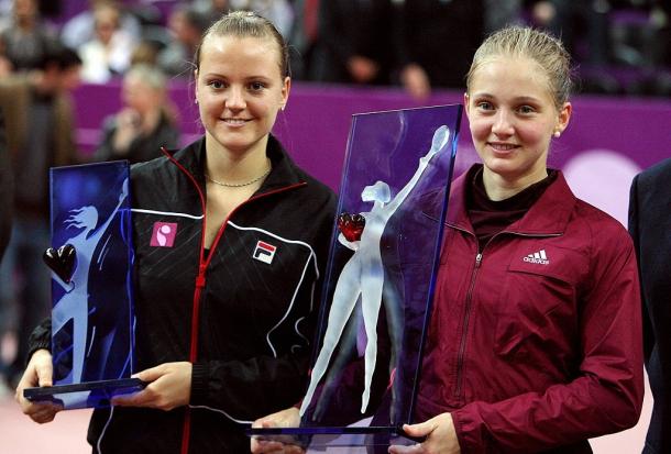 Chakvetadze (right) and runner-up Agnes Szavay (left) after winning the title at the Paris indoors event in 2008, her first and biggest title since 2007. Photo: Patrik Kovarik