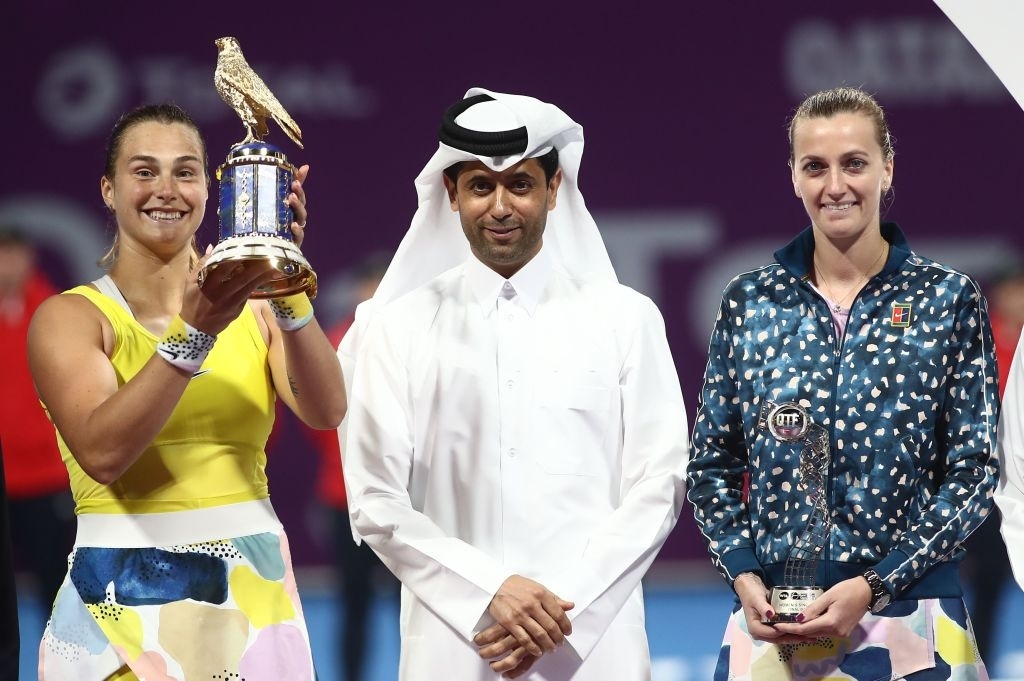 Kvitova and tournament winner Aryna Sabalenka (left) after the conclusion of their Qatar Total Open final in February this year. Photo: Karim Jaafar