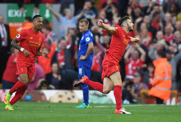 Above: Adam Lallana celebrating Liverpool's third goal in their 4-1 win over Leicester City | Photo: Getty Images