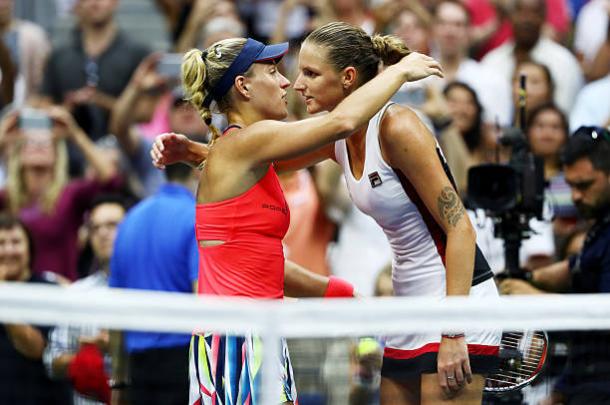Kerber and Pliskova embrace after the US Open final last year (Getty/Al Bello)