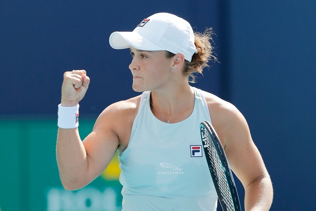 Barty celebrates after converting match point to take out Sabalenka. Photo: Michael Reaves