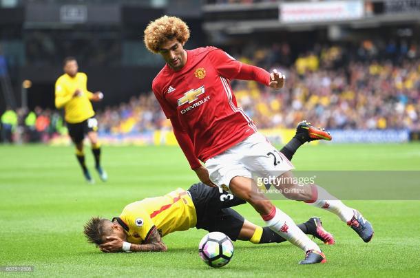 Above: Marouanne Fellaini in actionduring Mancvhester United's 3-1 defeat to Watford | Photo; Getty Images