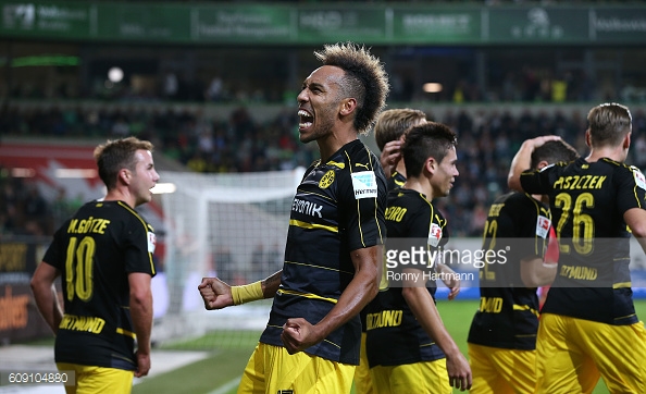 Aubameyang celebrates scoring his side's second goal against Wolfsburg on Tuesday | Photo: