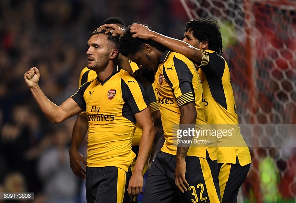 Above: Lucas Perez celebrating one of his two goals in Arsenal's 4-0 win over Nottingham Forest | Photo: Getty Images