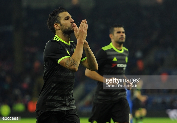 Above: Cesc Fabregas celebrating one of his two goals in Chelsea's 4-2 win over Leicester City | Photo: Getty Images