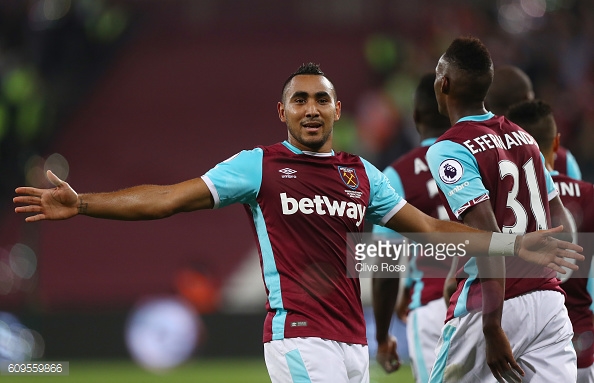 Dimitri Payet celebrating his goal in West Ham's 1-0 win over Accrington Stanley | Photo: Getty Images 