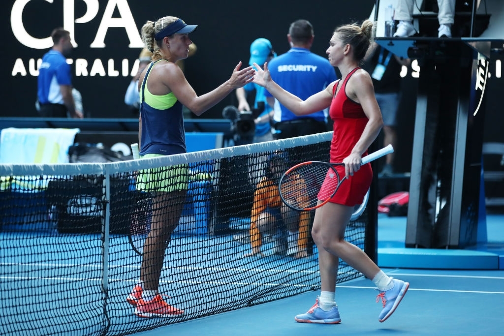 Kerber and Halep exchange handshakes at the net after their semifinal encounter at the 2018 <b><a  data-cke-saved-href='https://vavel.com/en-us/tennis-usa/2021/05/28/1072852-2021-french-open-womens-singles-preview-and-predictions.html' href='https://vavel.com/en-us/tennis-usa/2021/05/28/1072852-2021-french-open-womens-singles-preview-and-predictions.html'>Australian Open,</a></b> which Halep won in a thrilling three-setter. Photo: 