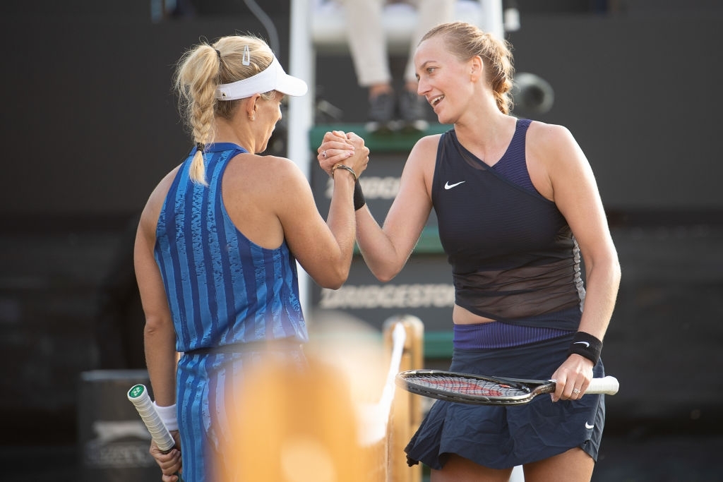 Kerber and Petra Kvitova (right) played a semifinal at the Bad Homburg Open, their first meeting on grass and the 15th overall between the pair. Photo: 