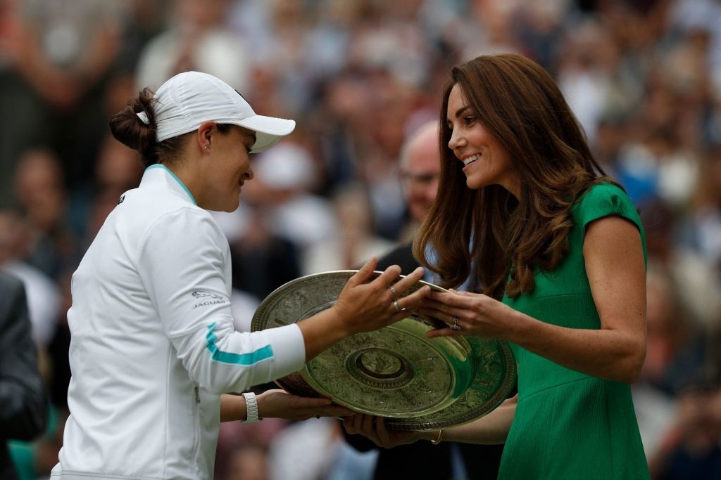 2021 Wimbledon champion receives her silverware from Catherine, Duchess of Cambridge, during the trophy presentation ceremony after the end of the finals' conclusion last weekend. Photo: Adrian Dennis