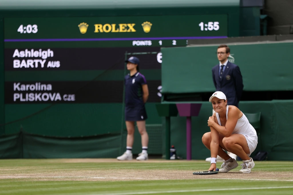An emotional Barty in disbelief upon converting championship point in the Wimbledon final against Pliskova. Photo: Clive Brunskill