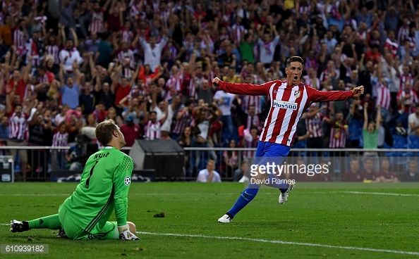 Above: Fernando Torres celebrating Yannick Ferreira Carrasco's goal in Atletico Madrid's 1-0 win over Bayern Munich | Photo: Getty Images