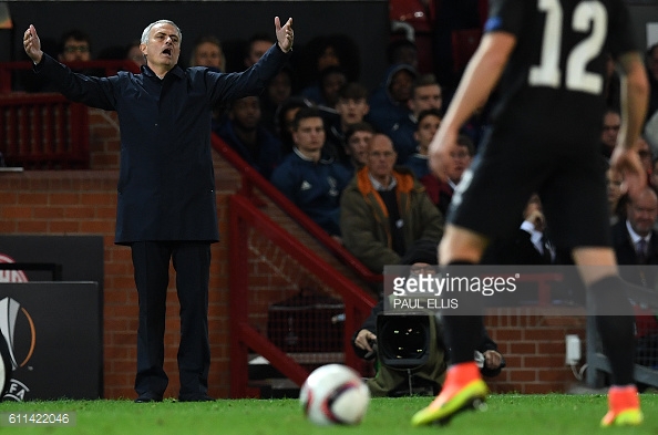 Mourinho was very animated on the touchline during United's win against Zorya Luhansk | Photo: Paul Ellis