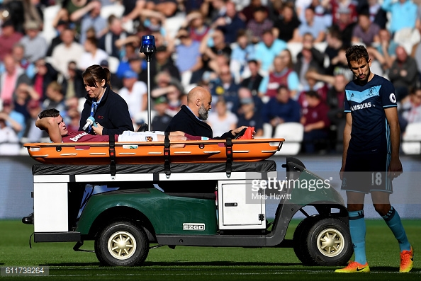 Above: Sam Byram been stretched off in West Ham's 1-1 drw with Middlesbrough | Photo: Getty Images