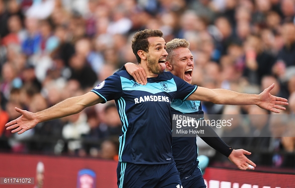 Above: Cristhian Stuani celebrating his goal in Middlesbrough's 1-1 draw with West Ham | Photo: Getty Images