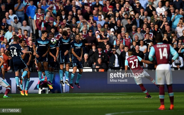 Above: Dimitri Payet's free kick been blocked in West Ham's 1-1 draw with Middlesbrough | Photo: Getty Images  