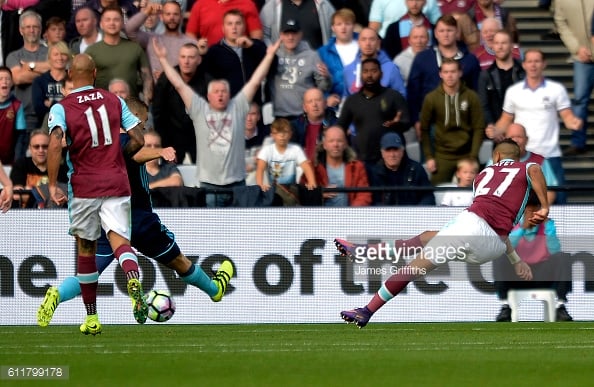 Above: Dimitri Payet scoring his effort in West Ham's 1-1 draw with Middlesbrough | Photo: Getty Images