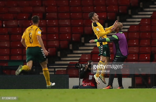 Above: Fedor Cernych celebrating his goal in Scotland's 1-1 draw with Lithuania | Photo: Getty Images 