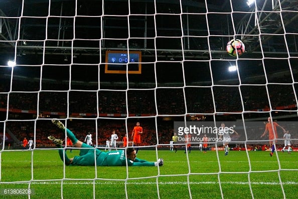 Above: Paul Pogba's effort hitting the back of the net in France's 1-0 win over the Netherlands | Photo: Getty Images 