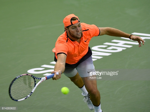 Jack Sock lunges for a forehand during his third round win over Milos Raonic/Photo: Brian Lee/Getty images