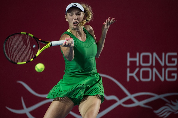 Caroline Wozniacki hits a forehand at the Prudential Hong Kong Tennis Open/Getty Images