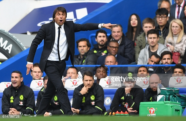 Above: Antonio Conte on the touchline during Chelsea's 3-0 win over Leicester City | Photo: Getty Images