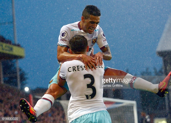 Above: Aaron Cresswell and Manuel Lanzini celebrating in West Ham's 1-0 win over Crystal Palace | Photo: Getty Images