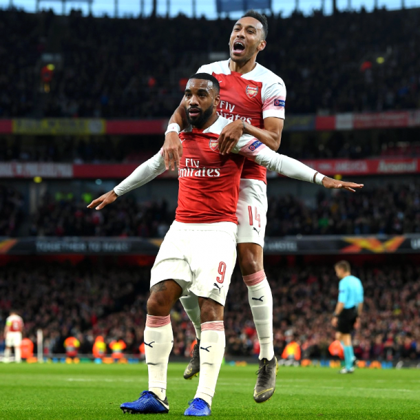 La dupla goleadora del Arsenal, Lacazette y Aubameyang / Foto: Twitter Arsenal