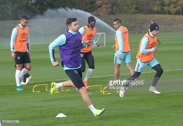 Above: West Ham's Aaron Cresswell in training ahead of their clash with Chelsea | Photo: Getty Images