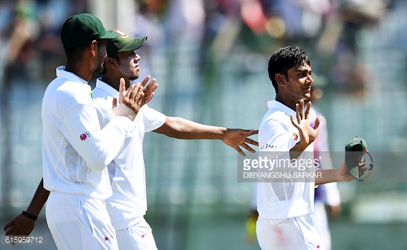 Mehedi celebrates after taking his sixth wicket to bowl England out for 293 | Photo: Getty Images