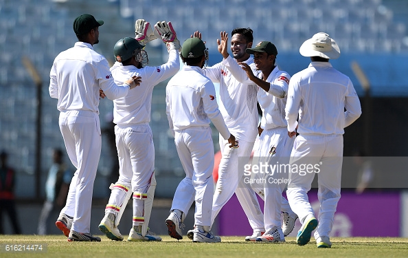 Shakib took five wickets for the hosts to give them some hope | Photo: Gareth Copley / Getty Images