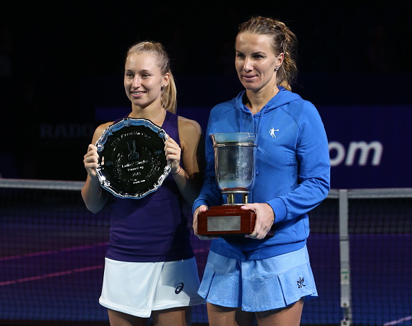 Kuznetsova and finalist Daria Gavrilova (left) pose with their silverware after the conclusion of the final in Moscow. Photo credit: Stanislav Krasilnikov/Getty Images.