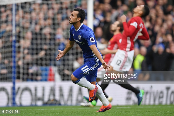 Above: Pedro celebrating his goal in Chelsea's 4-0 win over Manchester United | Photo: Getty Images