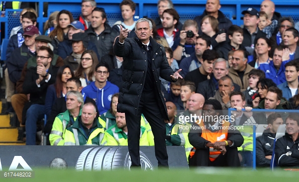 Above: Jose Mourinho on the sideline during Manchester United's 4-0 defeat to Chelsea | Photo: Getty Images 